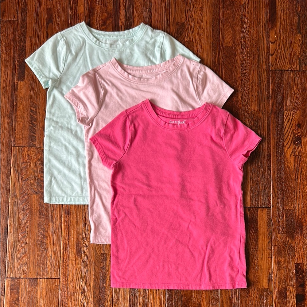 Cat & Jack Girls Short Sleeve Tees, XS (4/5), Set of 3 (Teal, Light Pink, Pink)